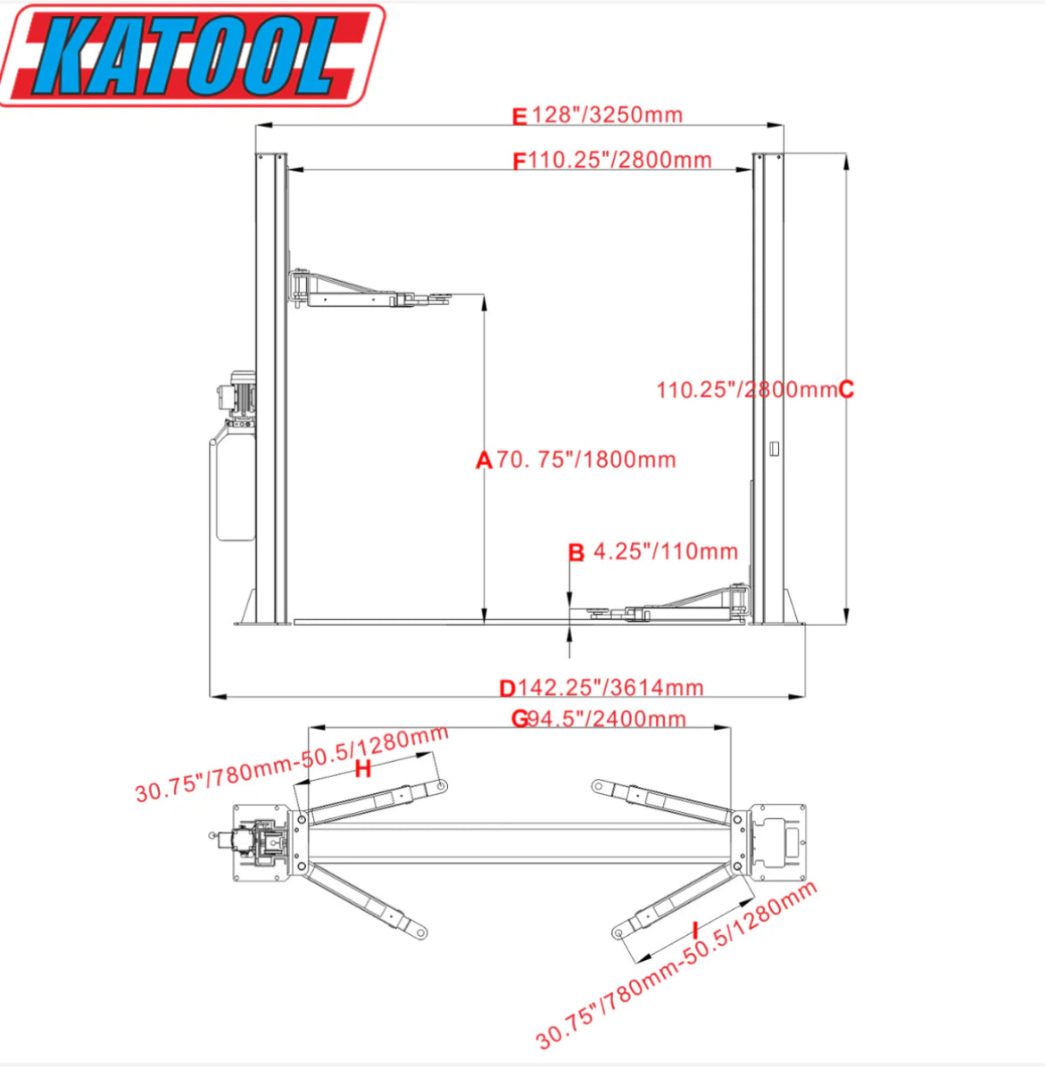 Katool KT-H100 Two Post Lift 10,000lbs Capacity
